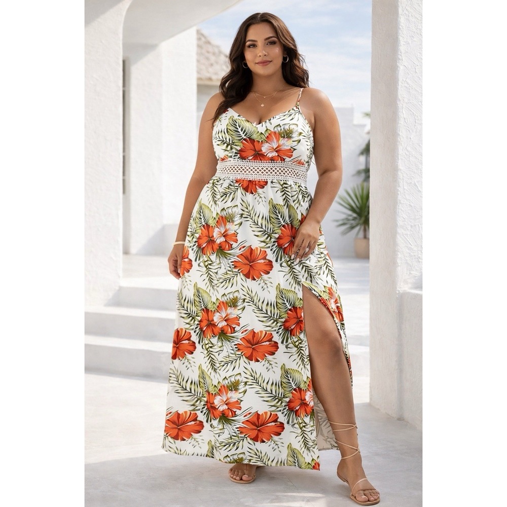 Tropical Floral Maxi Dress 1X Cami Cutout Smocked Back Thigh Slit Shein Curve